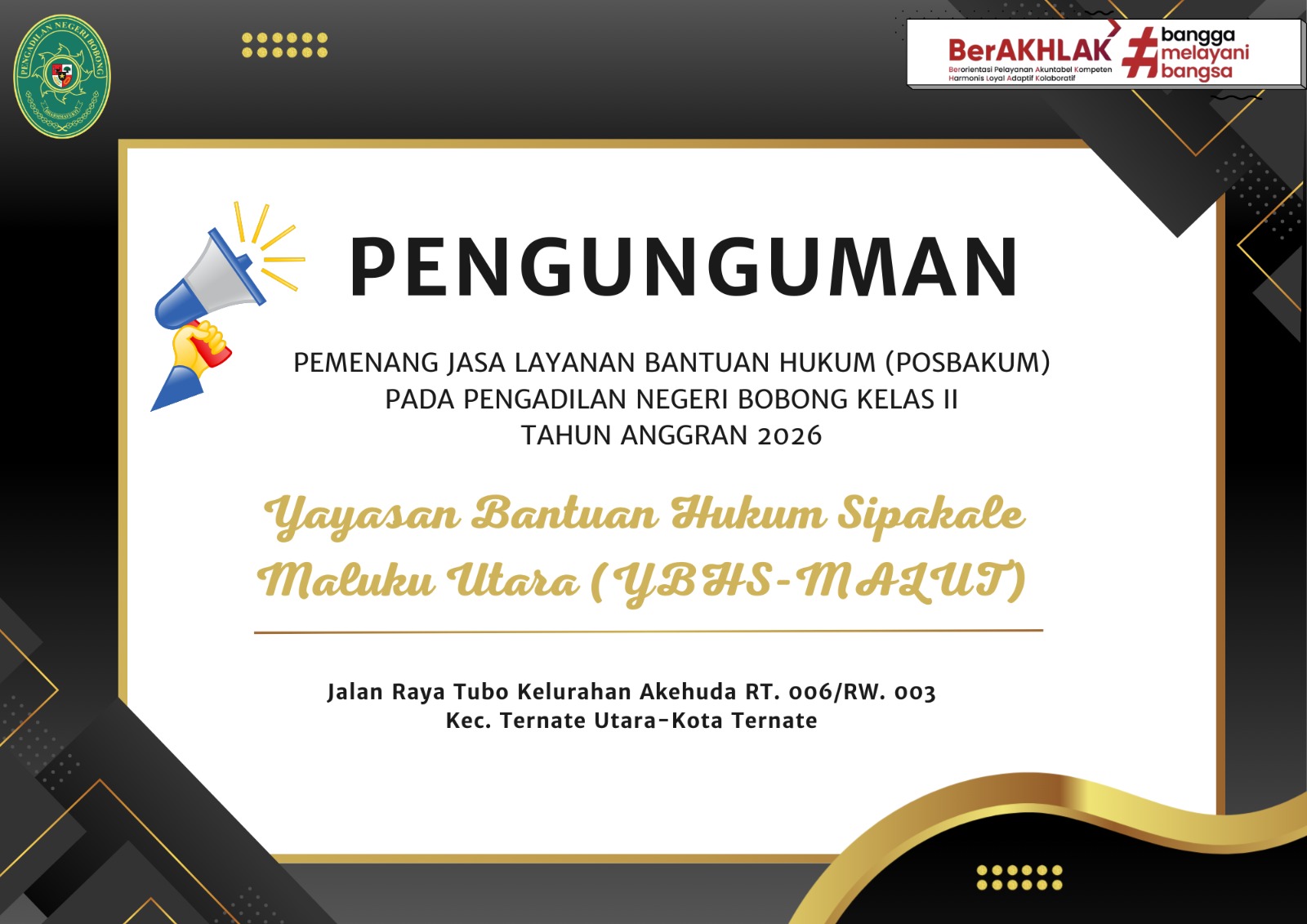 Pengumuman Pemenang Jasa Layanan Bantuan Hukum (Posbakum)